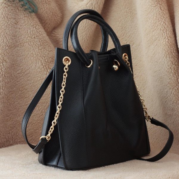 Black Colour Real Leather Top Handle Bag With Shoulder Strap