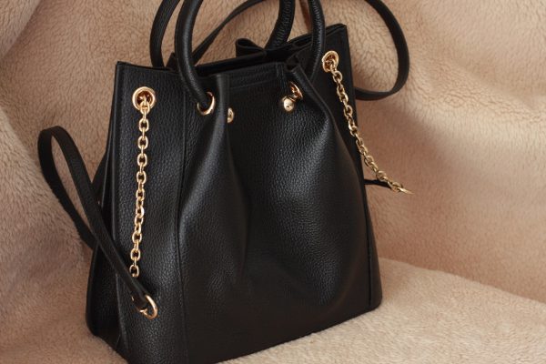 Black Colour Real Leather Top Handle Bag With Shoulder Strap