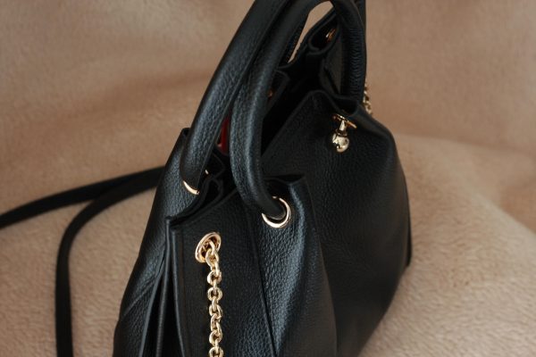 Black Colour Real Leather Top Handle Bag With Shoulder Strap