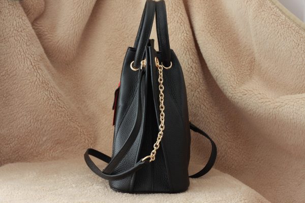 Black Colour Real Leather Top Handle Bag With Shoulder Strap