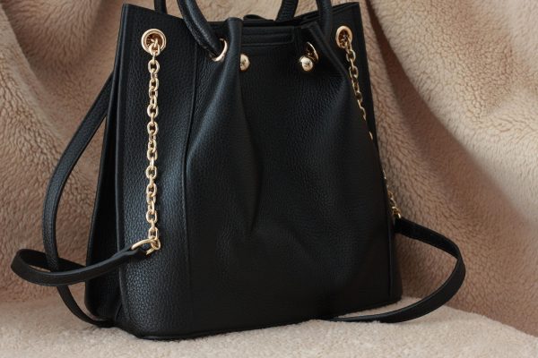 Black Colour Real Leather Top Handle Bag With Shoulder Strap