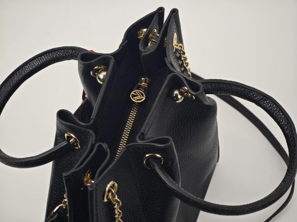 Black Colour Real Leather Top Handle Bag With Shoulder Strap