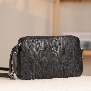 Black Leather Crossbody Bag with Adjustable Strap , Zippered and Multi-Compartment