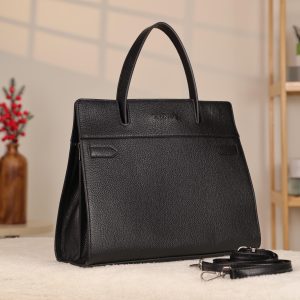 Black Leather Handbag With Magnetic Closure - Multi-Compartment / With Shoulder Strap / Everyday