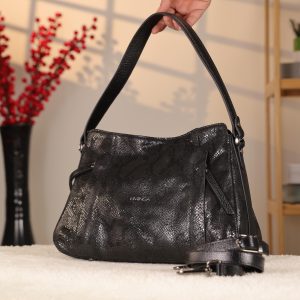 Black Leather Handbag with Shoulder Strap , Night Bag , All Season