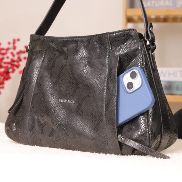 Black Leather Handbag with Shoulder Strap , Night Bag , All Season 15 Black Leather Handbag with Shoulder Strap , Night Bag , All Season