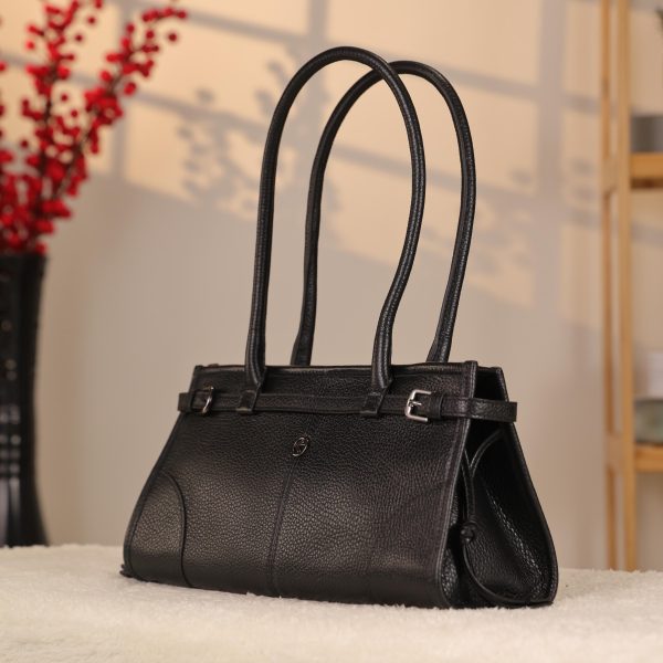 Black Leather Shoulder Bag and Handbag With Shoulder Strap , Trendy