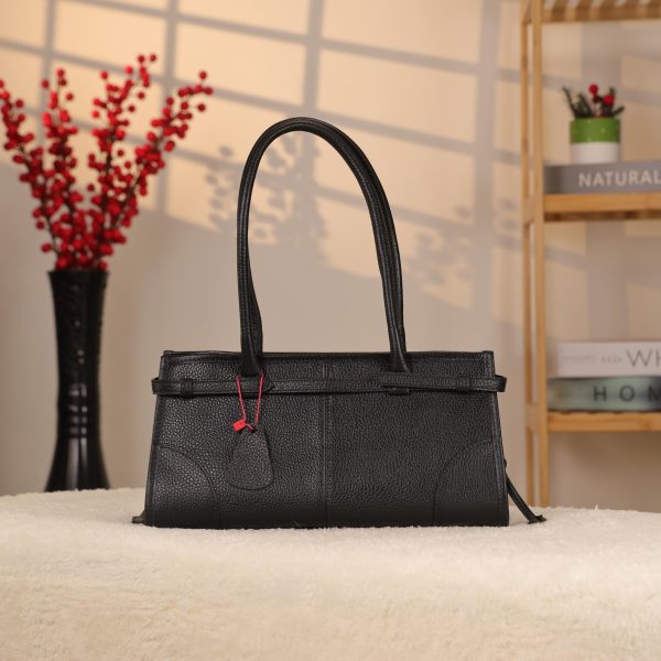 Black Leather Shoulder Bag and Handbag With Shoulder Strap , Trendy
