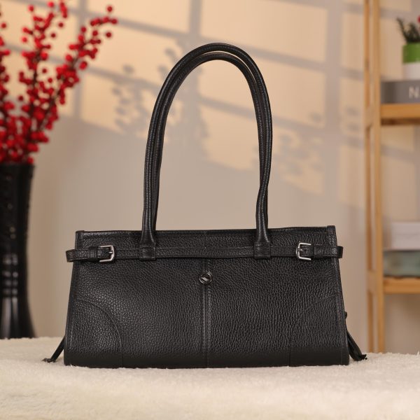 Black Leather Shoulder Bag and Handbag With Shoulder Strap , Trendy