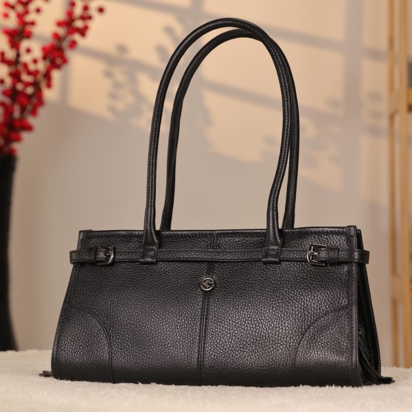Black Leather Shoulder Bag and Handbag With Shoulder Strap , Trendy