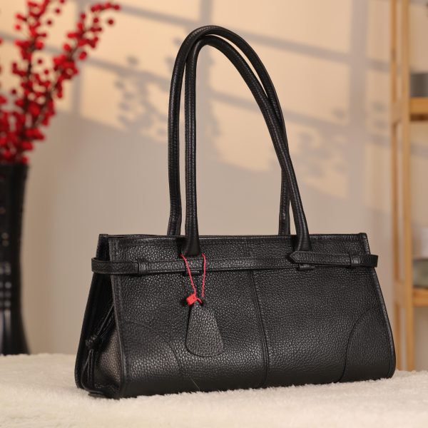 Black Leather Shoulder Bag and Handbag With Shoulder Strap , Trendy
