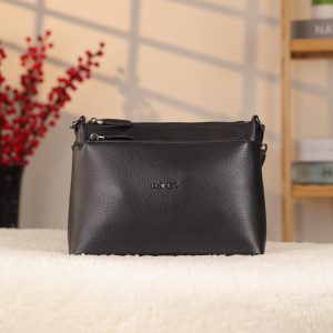 Black Leather Shoulder Bag / Handbag With Adjustable Shoulder Strap / Zippered and Multi-Compartment