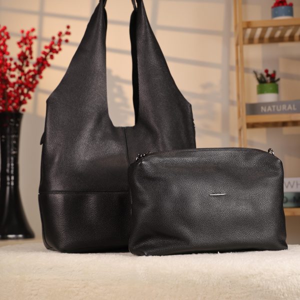 Black Leather Shoulder Bag with Adjustable Strap and Make-up Bag
