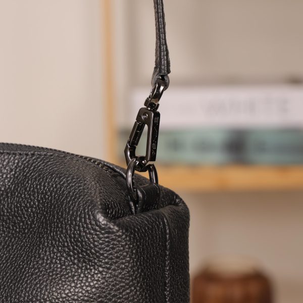 Black Leather Shoulder Bag with Adjustable Strap and Make-up Bag