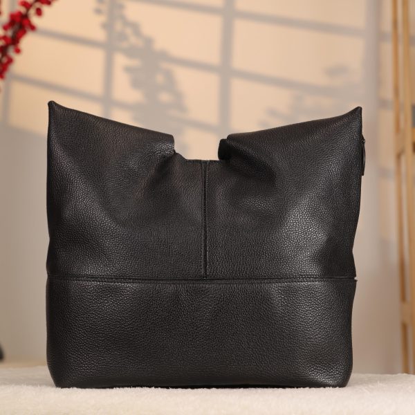 Black Leather Shoulder Bag with Adjustable Strap and Make-up Bag