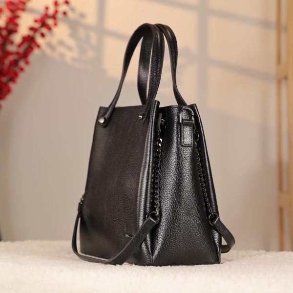 Black Real Cow Leather Handbag With Shoulder Strap , Zippered Bag With Chain 11 Black Real Cow Leather Handbag With Shoulder Strap , Zippered Bag With Chain