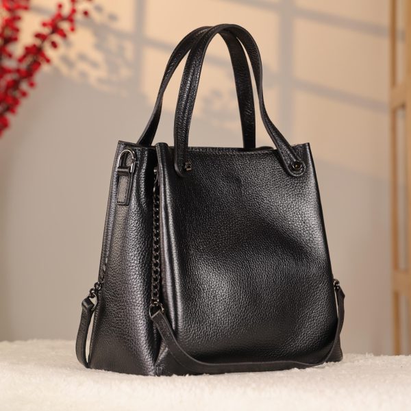 Black Real Cow Leather Handbag With Shoulder Strap , Zippered Bag With Chain 13 Black Real Cow Leather Handbag With Shoulder Strap , Zippered Bag With Chain