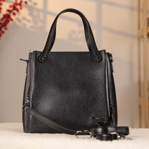 Black Real Cow Leather Handbag With Shoulder Strap , Zippered Bag With Chain 3 Black Real Cow Leather Handbag With Shoulder Strap , Zippered Bag With Chain