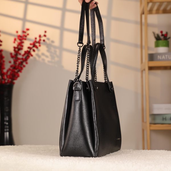 Black Real Cow Leather Handbag With Shoulder Strap , Zippered Bag With Chain 8 Black Real Cow Leather Handbag With Shoulder Strap , Zippered Bag With Chain