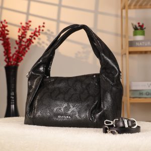 Black Real Leather and Multi-Compartment Handbag With Shoulder Strap