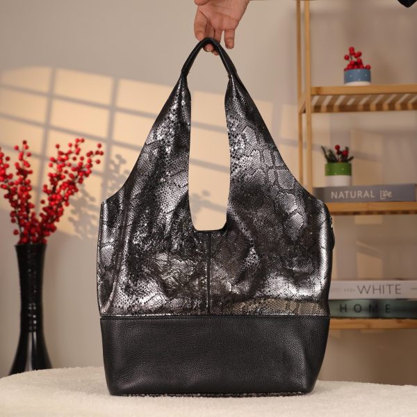 Black/Silvery Real Leather Shoulder Bag/Tote With Make-Up and Shoulder Strap , Handmade 1 Black/Silvery Real Leather Shoulder Bag/Tote With Make-Up and Shoulder Strap , Handmade