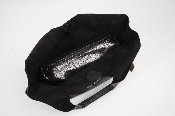 Black/Silvery Real Leather Shoulder Bag/Tote With Make-Up and Shoulder Strap , Handmade 11 Black/Silvery Real Leather Shoulder Bag/Tote With Make-Up and Shoulder Strap , Handmade