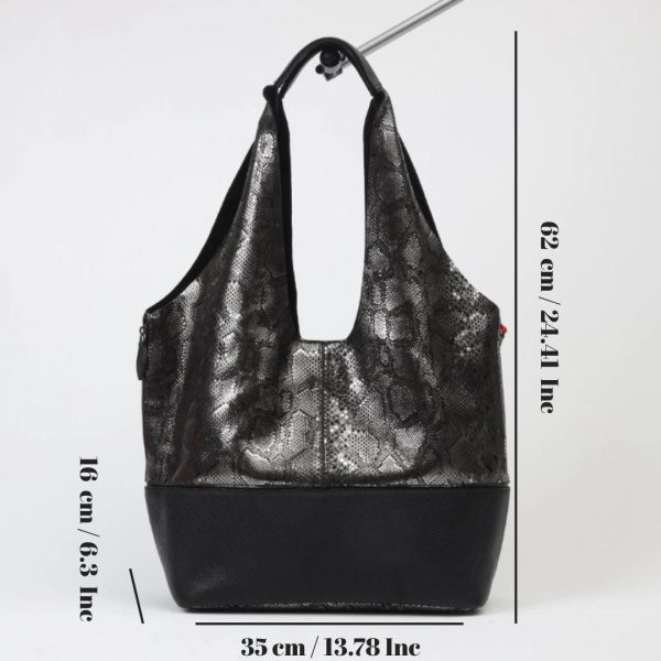 Black/Silvery Real Leather Shoulder Bag/Tote With Make-Up and Shoulder Strap , Handmade 12 Black/Silvery Real Leather Shoulder Bag/Tote With Make-Up and Shoulder Strap , Handmade