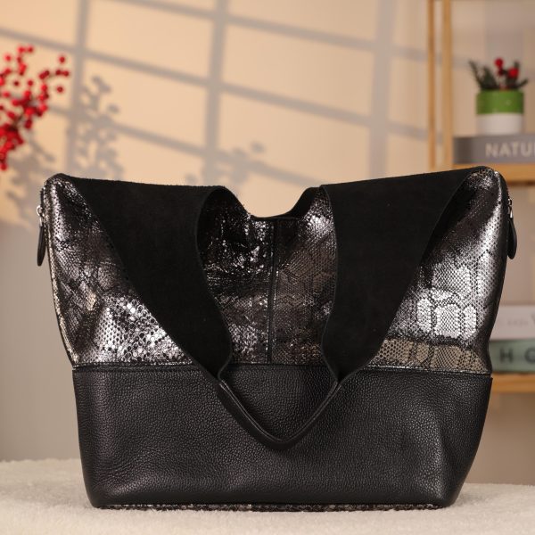 Black/Silvery Real Leather Shoulder Bag/Tote With Make-Up and Shoulder Strap , Handmade 2 Black/Silvery Real Leather Shoulder Bag/Tote With Make-Up and Shoulder Strap , Handmade
