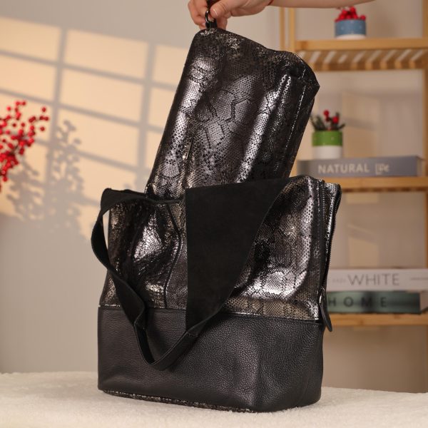 Black/Silvery Real Leather Shoulder Bag/Tote With Make-Up and Shoulder Strap , Handmade 3 Black/Silvery Real Leather Shoulder Bag/Tote With Make-Up and Shoulder Strap , Handmade