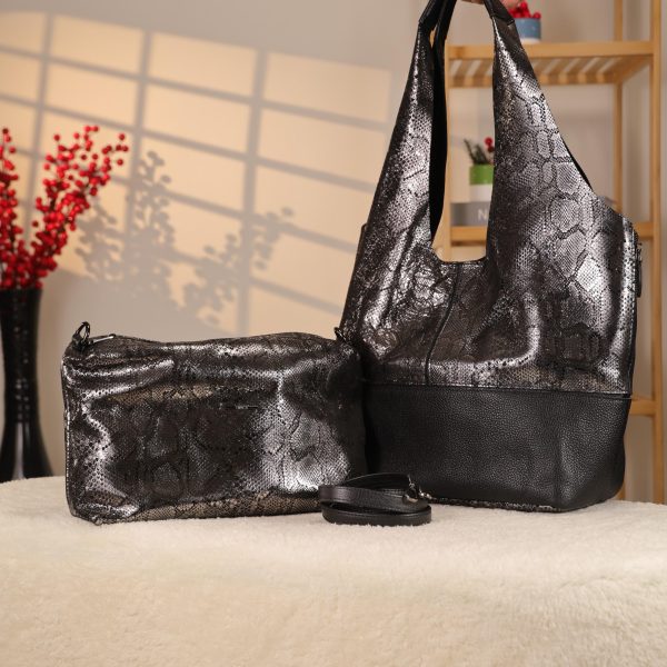 Black/Silvery Real Leather Shoulder Bag/Tote With Make-Up and Shoulder Strap , Handmade 4 Black/Silvery Real Leather Shoulder Bag/Tote With Make-Up and Shoulder Strap , Handmade