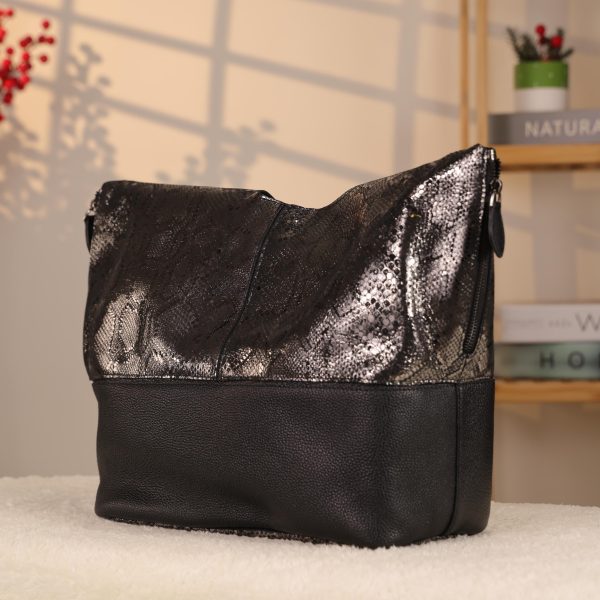 Black/Silvery Real Leather Shoulder Bag/Tote With Make-Up and Shoulder Strap , Handmade 5 Black/Silvery Real Leather Shoulder Bag/Tote With Make-Up and Shoulder Strap , Handmade