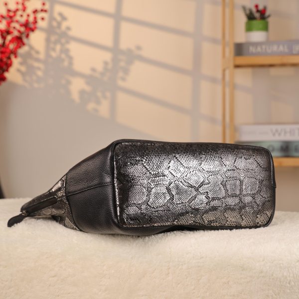 Black/Silvery Real Leather Shoulder Bag/Tote With Make-Up and Shoulder Strap , Handmade 7 Black/Silvery Real Leather Shoulder Bag/Tote With Make-Up and Shoulder Strap , Handmade