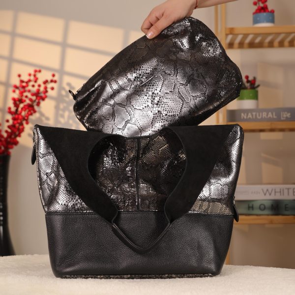 Black/Silvery Real Leather Shoulder Bag/Tote With Make-Up and Shoulder Strap , Handmade 8 Black/Silvery Real Leather Shoulder Bag/Tote With Make-Up and Shoulder Strap , Handmade