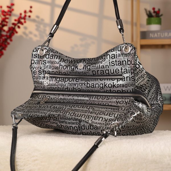 Black Silvery , Versatile Real Leather Handbag , Zippered 11 Black Silvery , Versatile Real Leather Handbag , Zippered