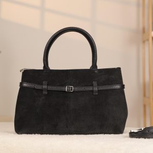 Black Suede Leather HandBag With Adjustable Shoulder Strap , Everyday Bag