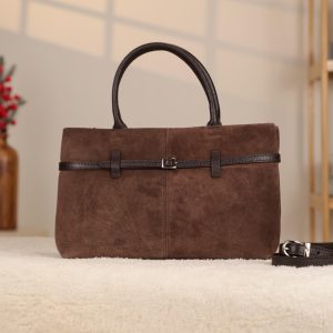 Brown Suede Leather HandBag With Adjustable Shoulder Strap , Everyday Bag