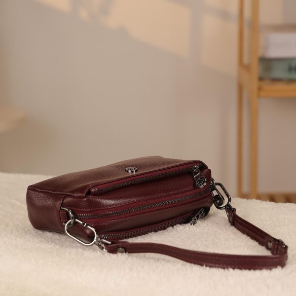 Burgundy Leather Handbag and Crossbody Bag - Multi Compartment - With Shoulder Strap
