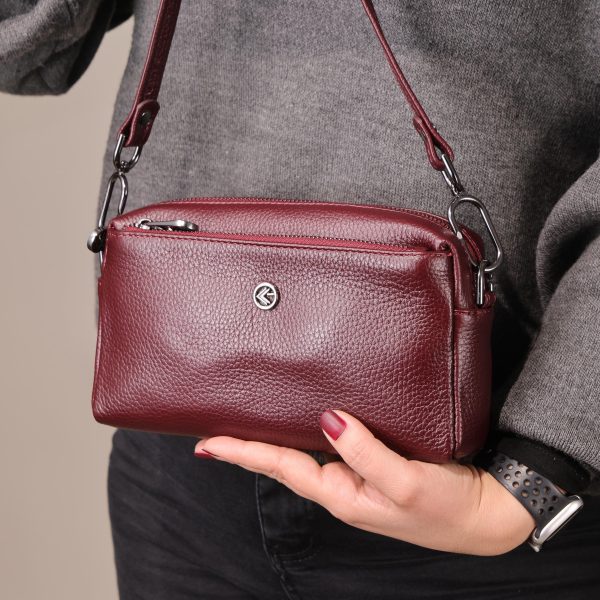 Burgundy Leather Handbag and Crossbody Bag - Multi Compartment - With Shoulder Strap