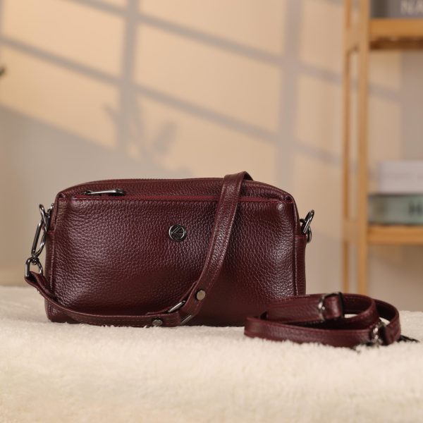 Burgundy Leather Handbag and Crossbody Bag - Multi Compartment - With Shoulder Strap