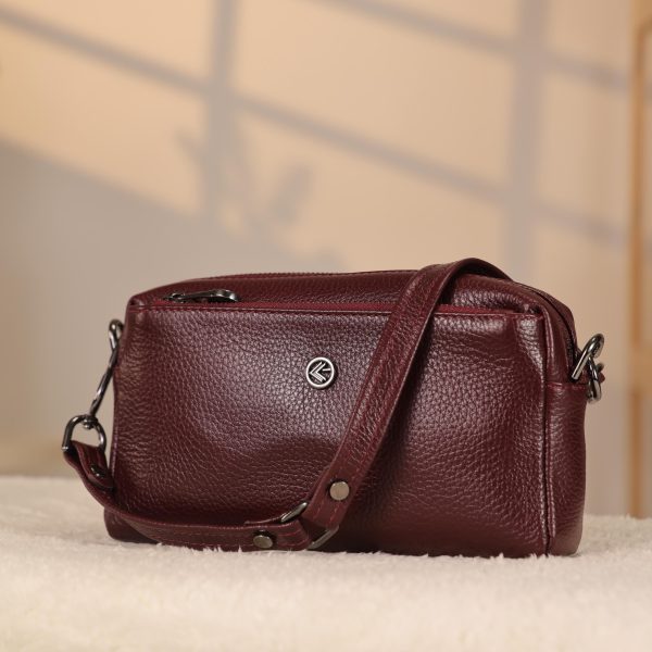 Burgundy Leather Handbag and Crossbody Bag - Multi Compartment - With Shoulder Strap