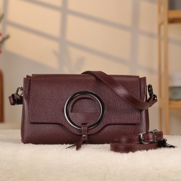 Burgundy Leather Handbag With Shoulder Strap - All Season and Everyday Bag - With Magnetic Closure