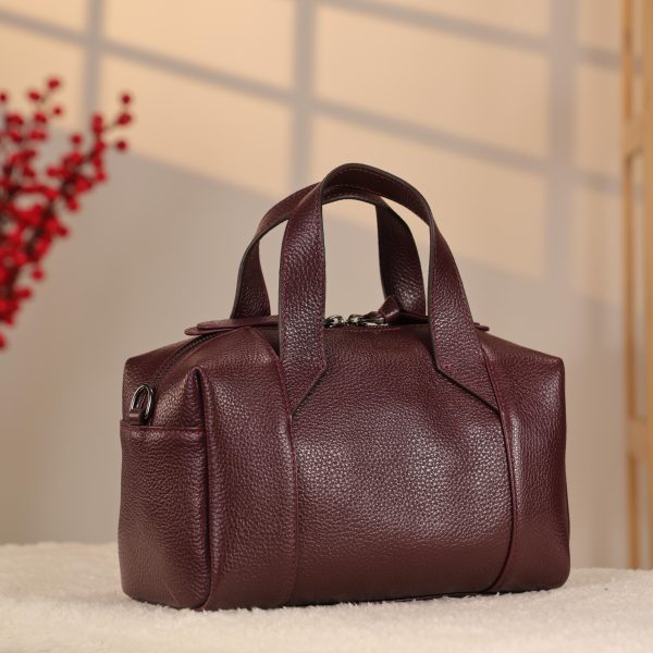 Burgundy Leather Handbag With Shoulder Strap , Zippered and Everyday bag