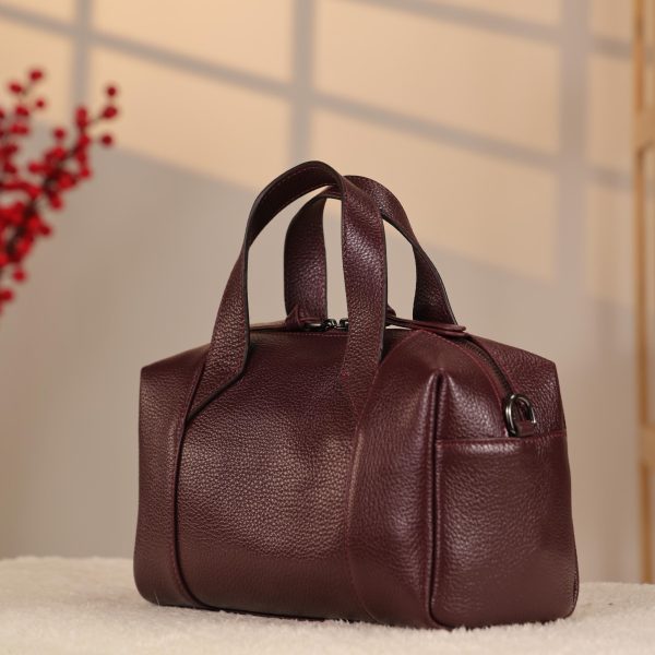 Burgundy Leather Handbag With Shoulder Strap , Zippered and Everyday bag