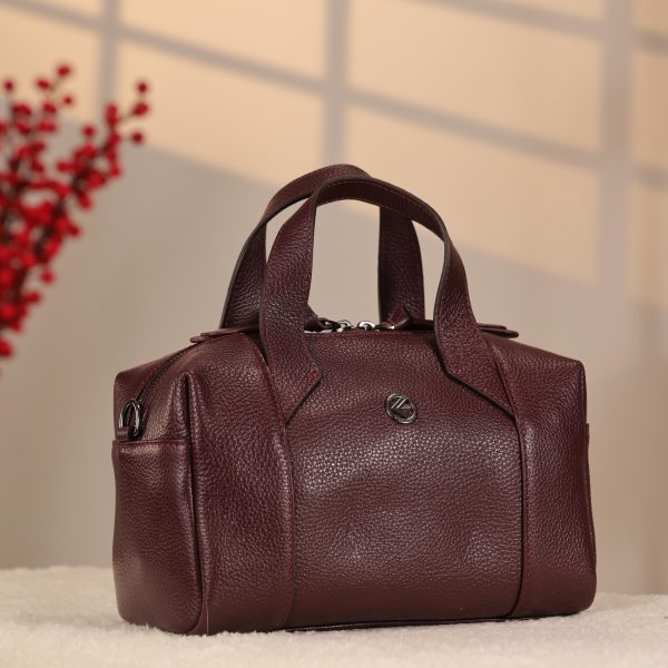 Burgundy Leather Handbag With Shoulder Strap , Zippered and Everyday bag