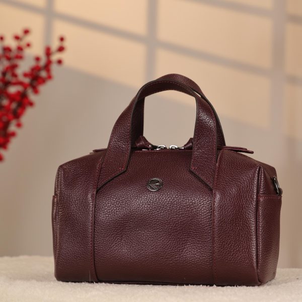 Burgundy Leather Handbag With Shoulder Strap , Zippered and Everyday bag