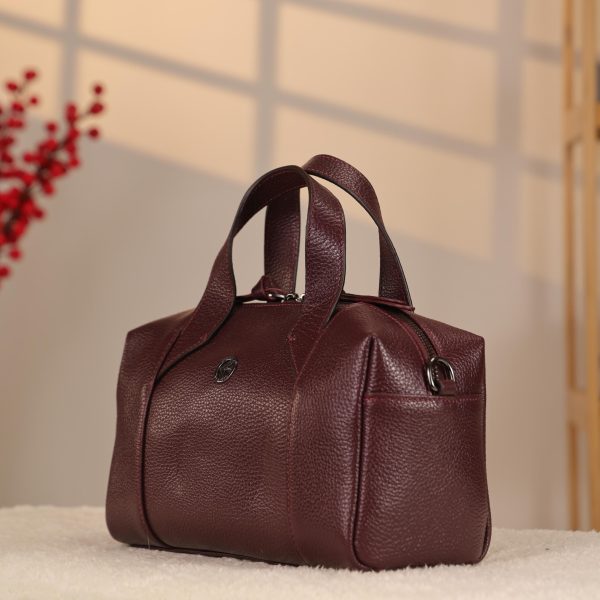 Burgundy Leather Handbag With Shoulder Strap , Zippered and Everyday bag