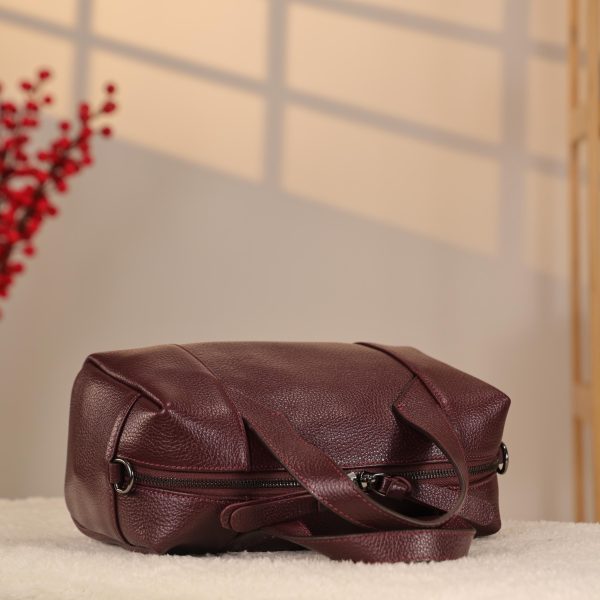 Burgundy Leather Handbag With Shoulder Strap , Zippered and Everyday bag