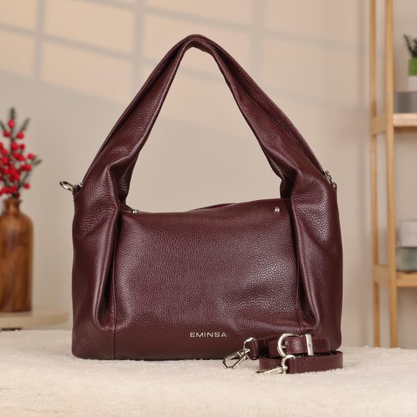 Burgundy Leather Handbag - Zippered and Everyday Bag With Shoulder Strap