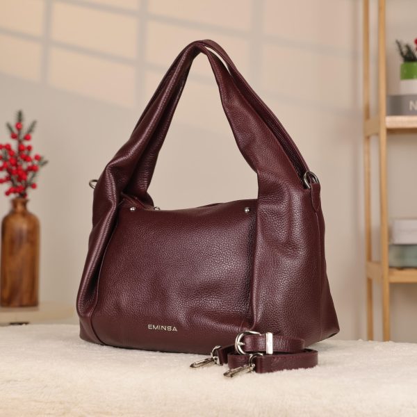 Burgundy Leather Handbag - Zippered and Everyday Bag With Shoulder Strap