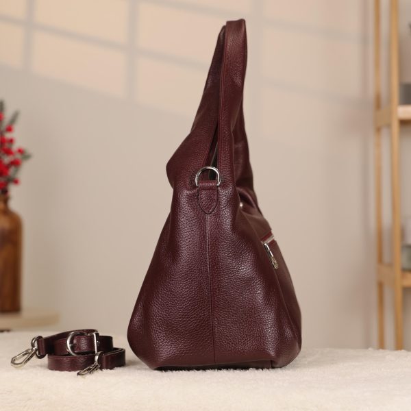 Burgundy Leather Handbag - Zippered and Everyday Bag With Shoulder Strap
